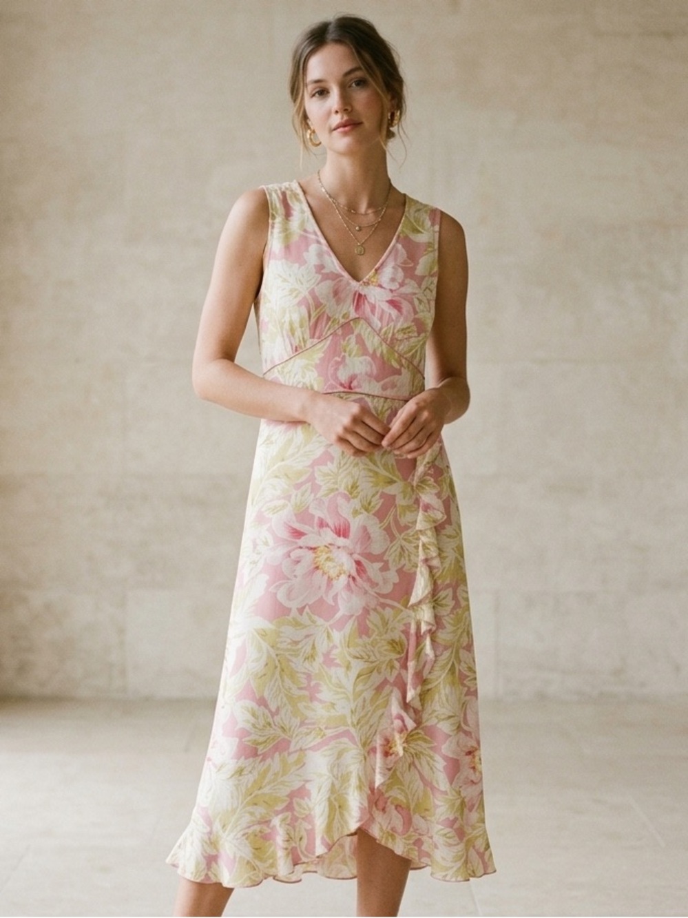 Vintage April Cornell Floral Midi Dress Size Large Pink Yellow